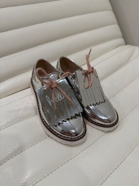 Zara Metallic Silver Girls' Fringe Lace-Up Moccasins with Pink Laces